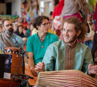 Musicians playing devotional music at the ashram